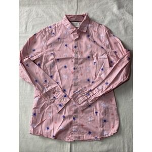 Scotch & Soda Men's Pink Palm Tree Print Hawaiian Shirt Sz Large Slim Long Sleev